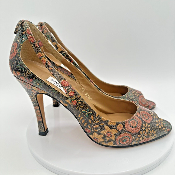 Sacha London Floral Embossed Leather Peep Toe Heels Womens 6.5 Preppy Minimalist - Picture 4 of 11